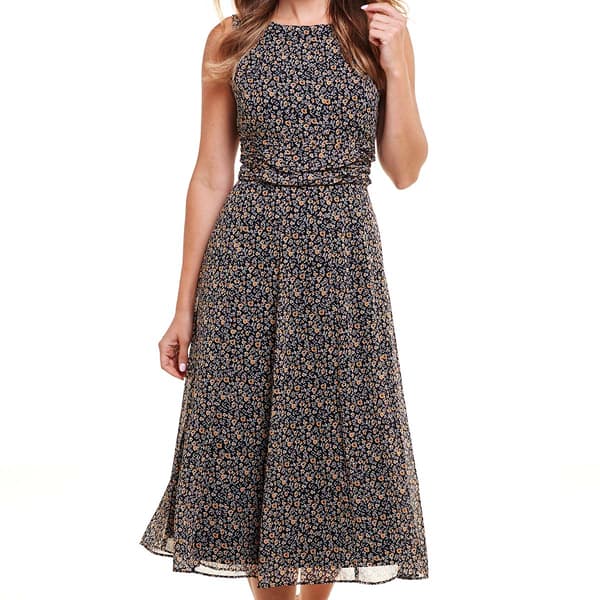 Womens Perceptions Sleeveless Ditsy Ruched Waist Midi Dress