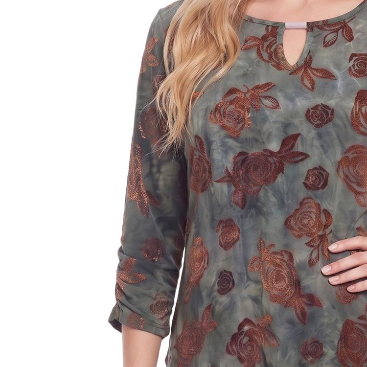 Womens NY Collection 3/4 Ruch Sleeve Brown Floral Blouse