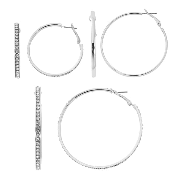Design Collection Silver-Tone Crystal Graduated Hoop Earrings Set - image 