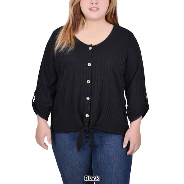 Plus Size NY Collection Solid Button Front Rib Tie Top