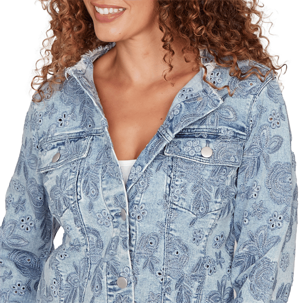Womens Skye’s the Limit Fresh Start Embroidered Denim Jacket