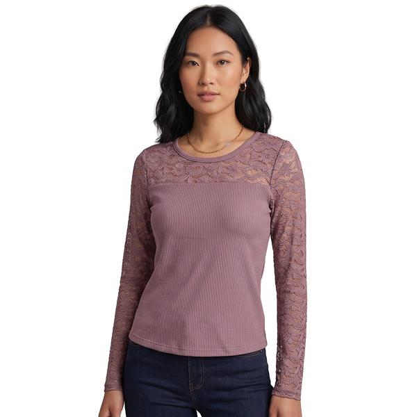Womens NY & Co. Long Sleeve Crew Neck With Lace Top - image 
