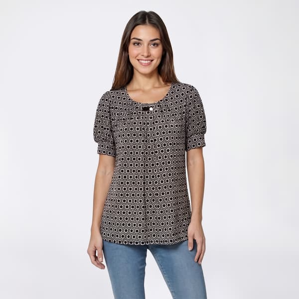 Womens Notations Short Puff Sleeve Geometric Dot Bar Neck Blouse - image 