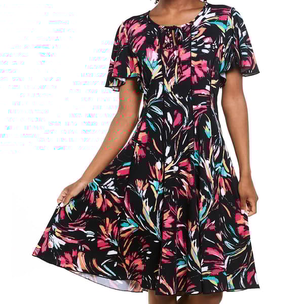 Plus Size Sami & Jo Flutter Sleeve Tie Neck Abstract A-Line Dress
