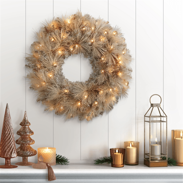 Puleo International 24in. Pre-Lit Warm White Lights Tan Wreath