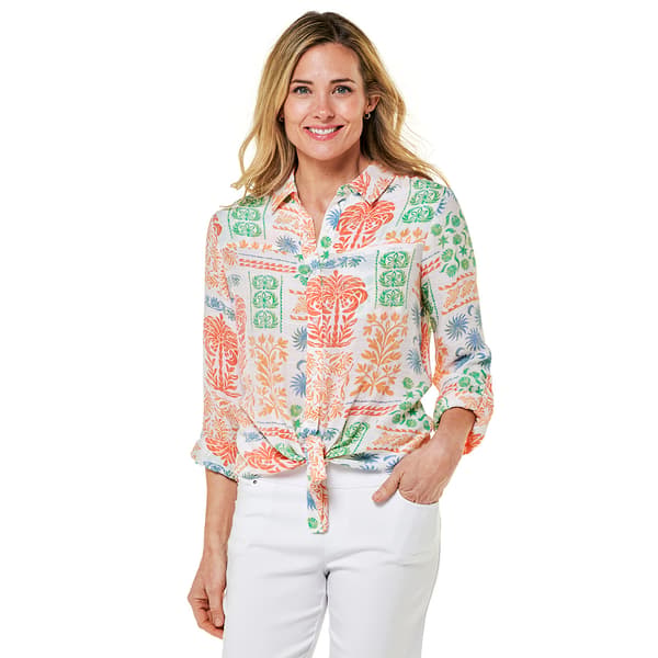 Womens Zac & Rachel 3/4 Sleeve Patchwork Tie Front Blouse - image 