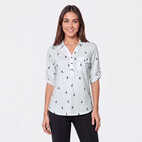 Womens Emily Daniels Roll Tab Sleeve Sailboat Knit Blouse - image 