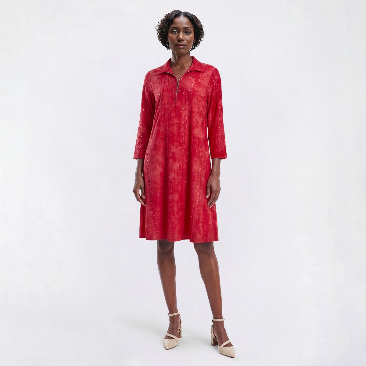 Womens Cocomo 3/4 Sleeve Zip Neck Tie Dye Shift Dress