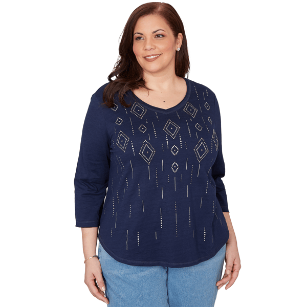 Plus Size Alfred Dunner Austin Rhinestone Diamond V Neck Blouse - image 
