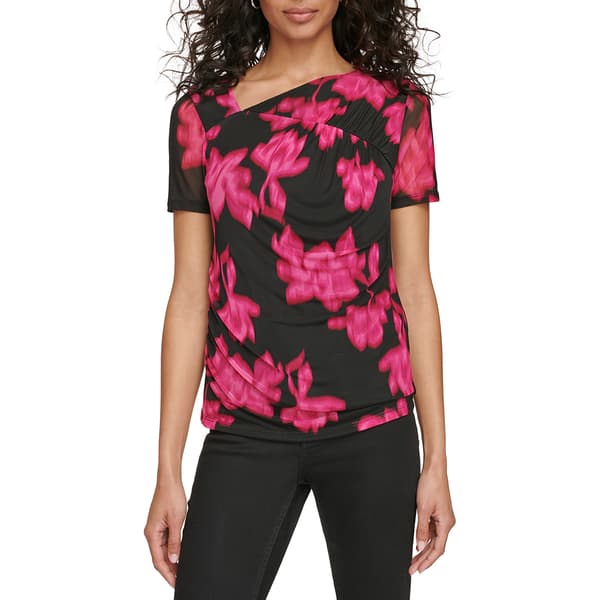 Womens Calvin Klein Short Sleeve Ruched Front Floral Blouse - image 