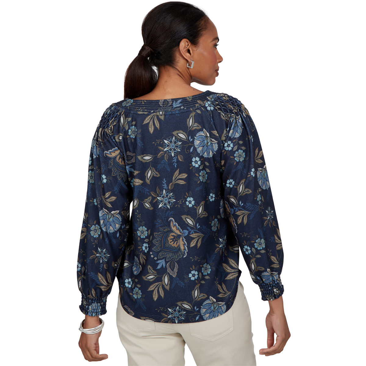 Petite Ruby Rd. Mythical Smocked Horseshoe Neck Floral Blouse