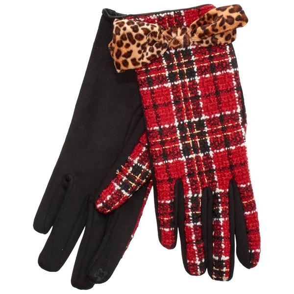 Womens Betsey Johnson Plaid & Leopard Bow Faux Suede Gloves - image 