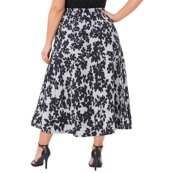 Plus Size NY Collection Pull On Black Floral Hacci Midi Skirt