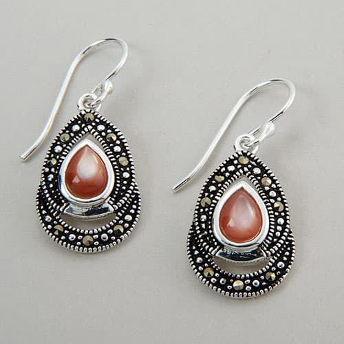 Marsala Silver Plate Marcasite Pink Shell Earrings - image 