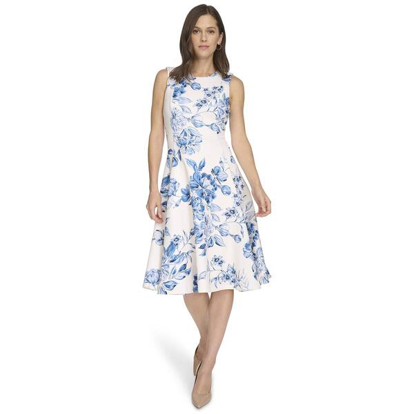 Womens Calvin Klein Sleeveless Fit n Flare Print Scuba Dress - image 