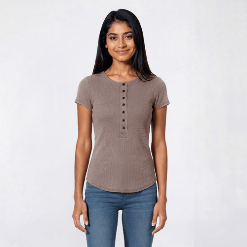 Juniors Pink Rose Short Sleeve Mineral Wash Ribbed Henley Top