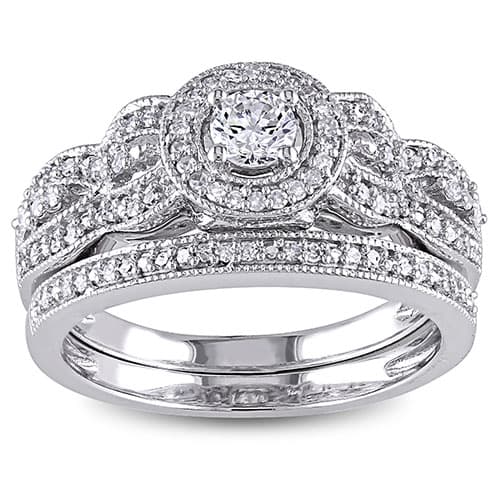 Loveblooms(tm) White Gold Diamond Halo Bridal Ring Set