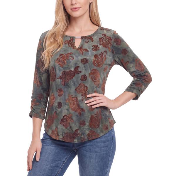 Womens NY Collection Bracelet Sleeve Jacquard Keyhole Top - Brown - image 
