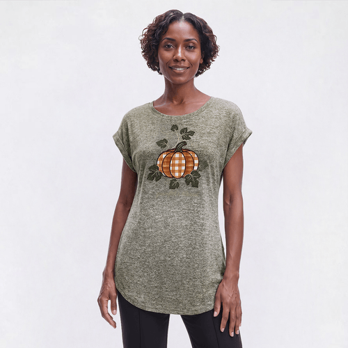 Womens Tru Self Cuffed Dolman Sleeve Plaid Pumpkin Applique Tee - image 