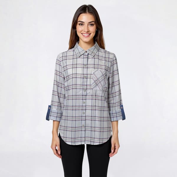 Womens Nautica 3/4 Roll Tab Sleeve Plaid Casual Button Down - image 