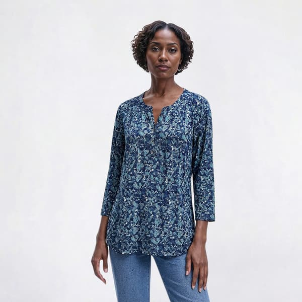 Womens Napa Valley 3/4 Sleeve Feather Pleat Henley Blouse - image 