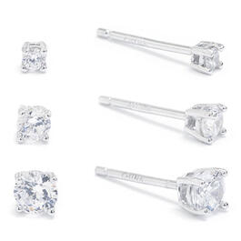 Set of 3 Silver Solitaire Cubic Zirconia Stud Earrings