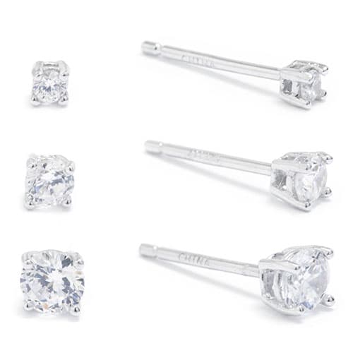 Set of 3 Silver Solitaire Cubic Zirconia Stud Earrings - image 