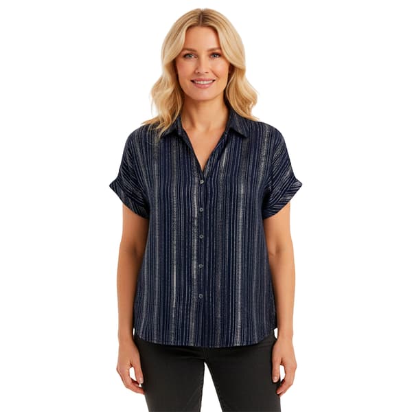 Womens Notations Short Sleeve Foil Stripe Split Neck Blouse