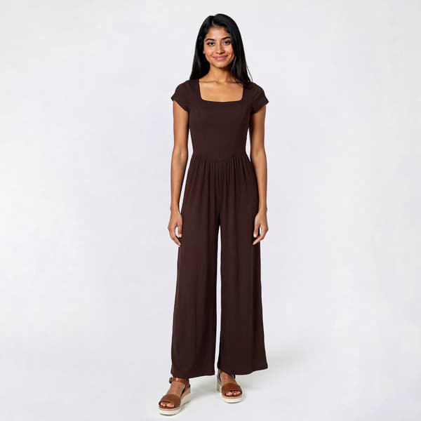 Juniors No Comment Cap Sleeve Rib Square Neck Wide Leg Jumpsuit - image 