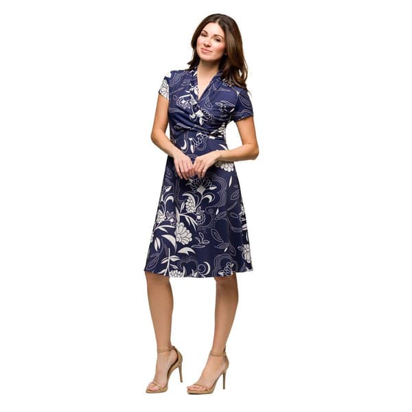 Womens 24/7 Comfort Apparel Navy Print Short Sleeve Wrap Dress