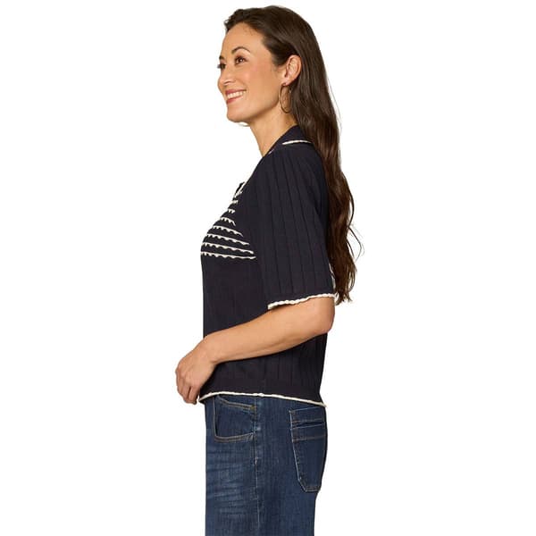 Womens Democracy Elbow Sleeve Scallop Stripe Rib Knit Sweater