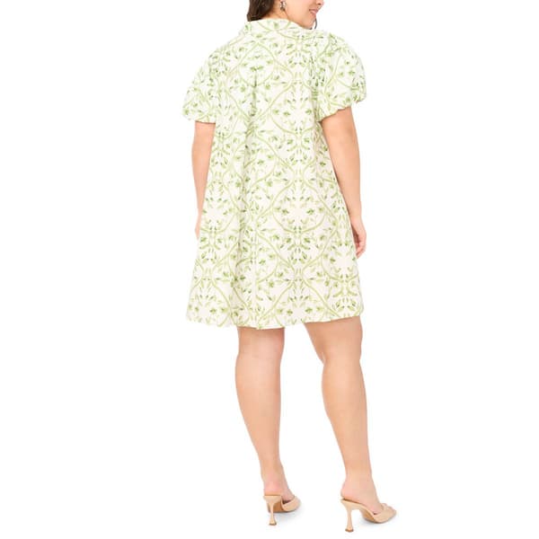 Plus Size MSK Short Puff Sleeve Leaf Cotton Poplin Shirtdress