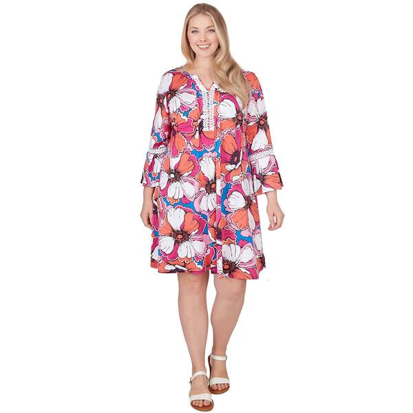 Plus Size Ruby Rd. 3/4 Sleeve Floral Lace Trim A-Line Dress - image 