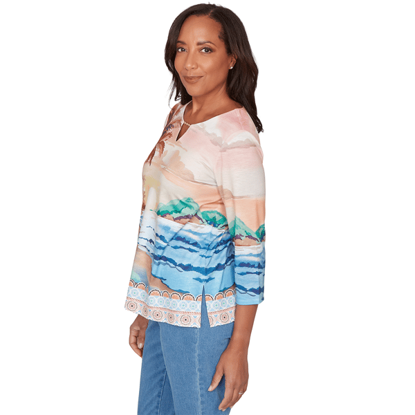 Womens Alfred Dunner Beachcomber Sunset Beach Keyhole Blouse