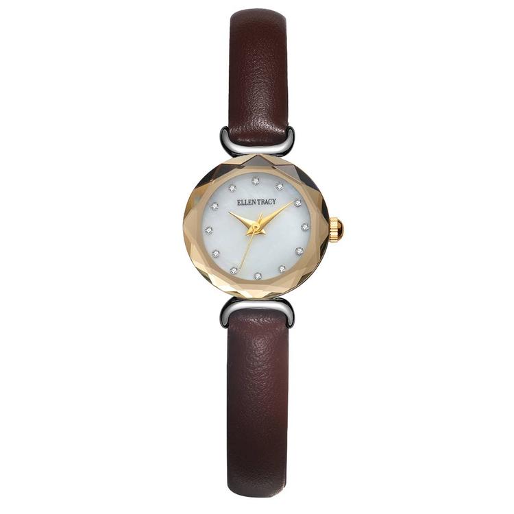 Womens Ellen Tracy Gold Faceted Bezel Mini Strap Watch-ET5453SLG