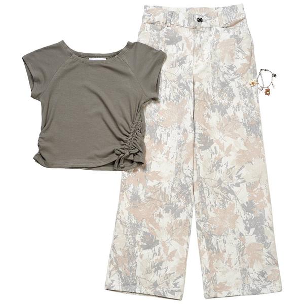 Girls (7-12) Tween Diva Rib Knit Cinch Tee w/ Wide Leg Camo Pants - image 