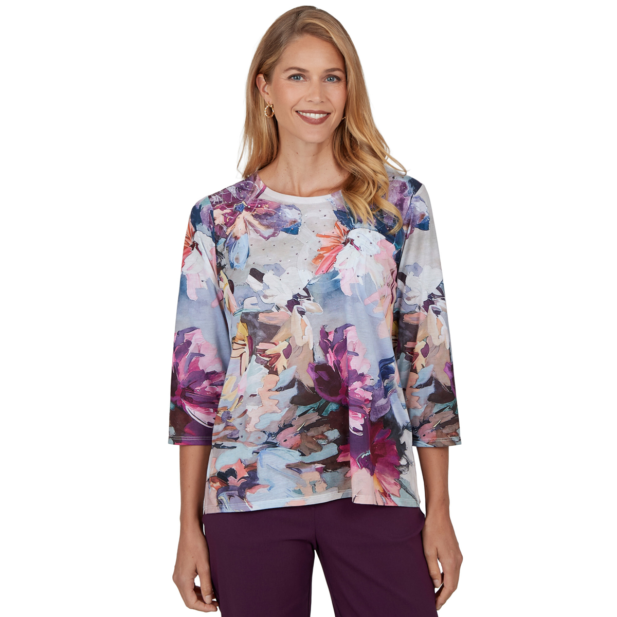 Womens Alfred Dunner Vail Rhinestone Romantic Floral Blouse