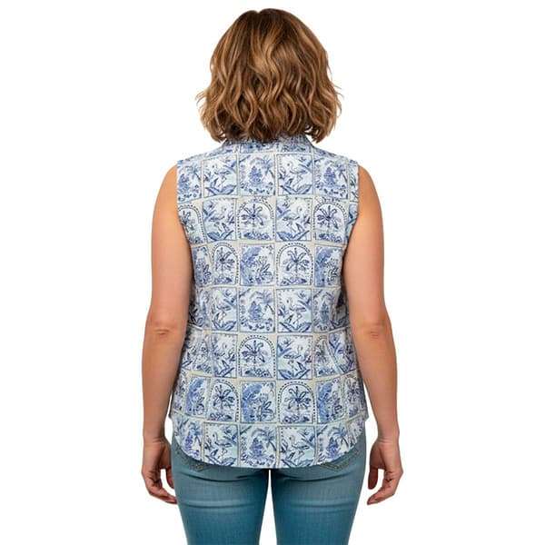 Womens Erika Sleeveless Tropical Postcard Button Front Blouse