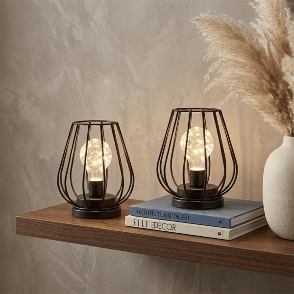 HomeRoots Black Geometric Cage Cordless Desk Lamps - Set of Two