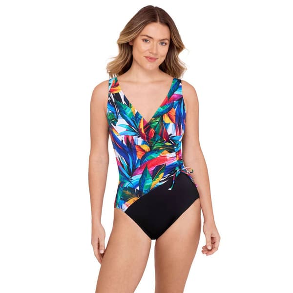 Plus Size Great Lengths Faux Tie Tropical One Piece Swimsuit