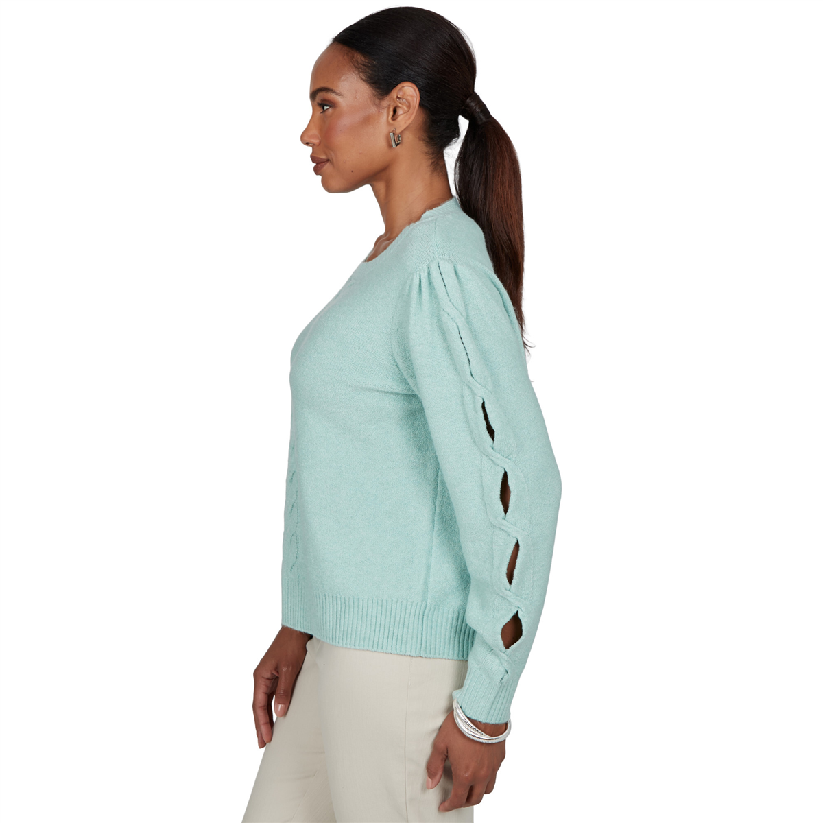 Petite Ruby Rd. Mythical Long Open Sleeve Cable Knit Sweater