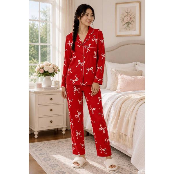 Womens Laura Ashley(R) Long Sleeve Bows Notch Collar Pajama Set