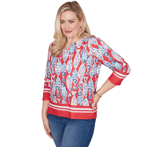 Petite Alfred Dunner Port Side 3/4 Sleeve Mosaic Fish Blouse