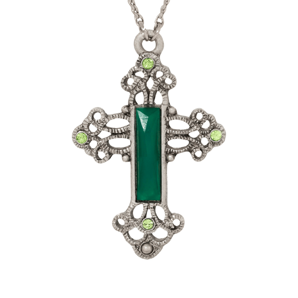 Symbols of Faith Pewter Silver Tone Green Cross 30" Necklace