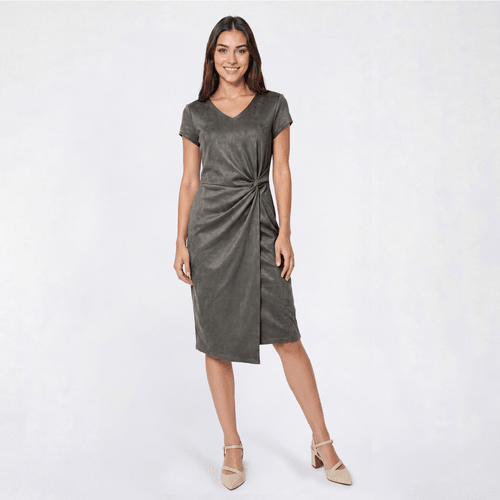 Womens Connected Apparel Cap Sleeve Twist Side Suede Midi Dress