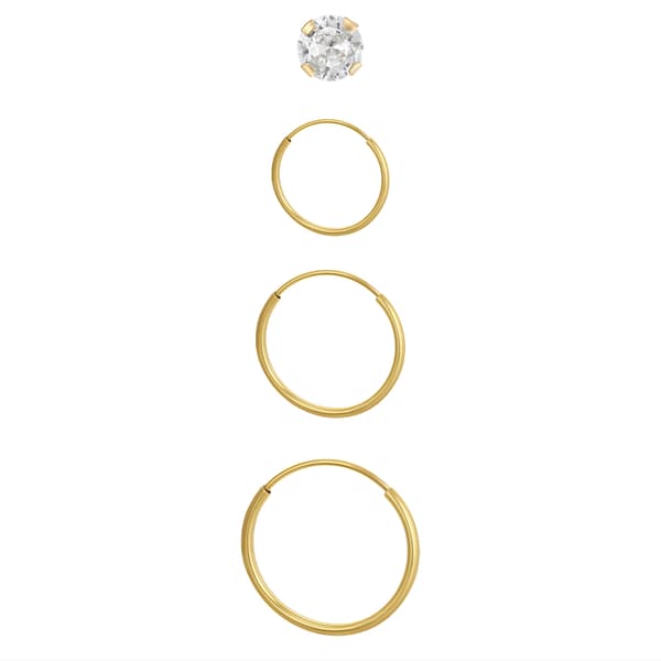 10kt. Yellow Gold Endless Hoops & Crystal Stud 4pr. Earrings Set - image 
