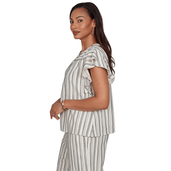 Womens Ruby Rd. Tropical Noir Flutter Sleeve Stripe Blouse