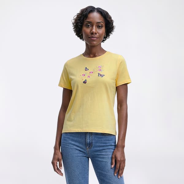Petite Madison Taylor Embroidered Asymmetric Butterflies Tee - image 