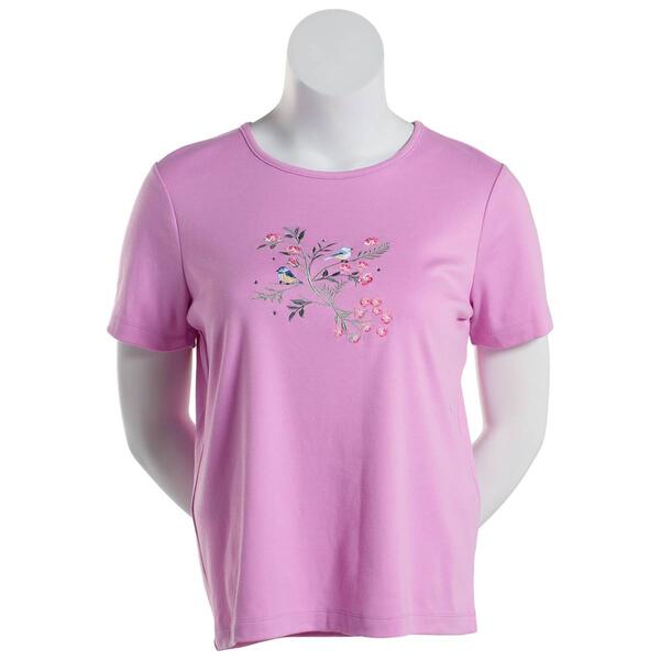 Plus Size Bonnie Evans Bird on a Floral Branch Embroidery Tee - image 