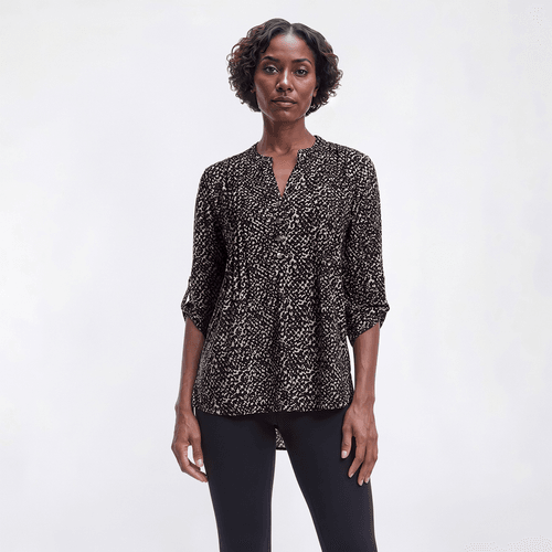 Womens Notations 3/4 Sleeve Abstract Pleated Henley Blouse